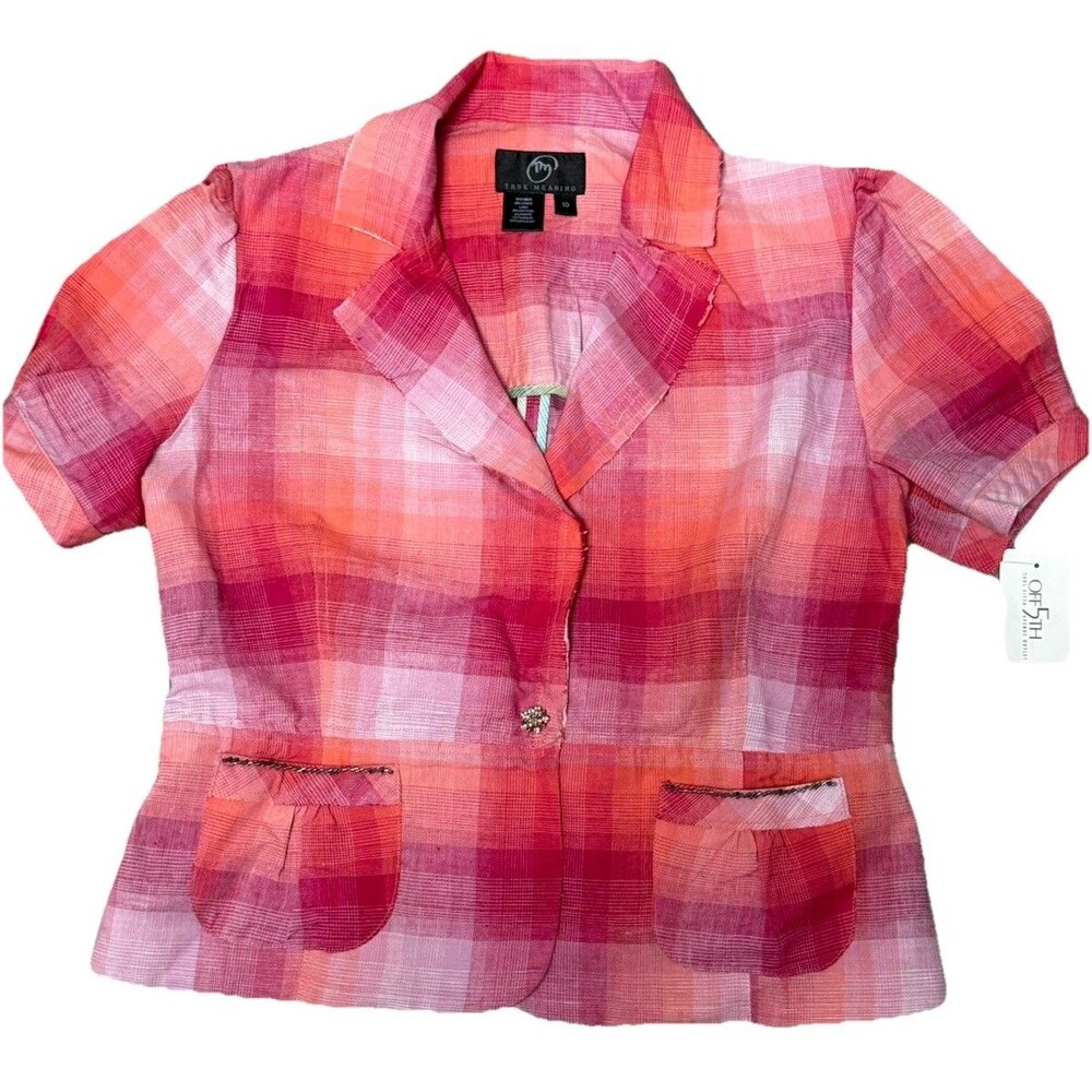 True Meaning Y2K Crop Blouse 10 NWT Pink Plaid‎ Puff Sleeve Rhinestone Glam NOS